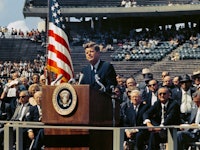President Kennedy makes his 'We choose to go to the Moon' speech, Rice University, 1962. US Presiden...