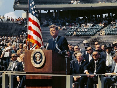 President Kennedy makes his 'We choose to go to the Moon' speech, Rice University, 1962. US Presiden...