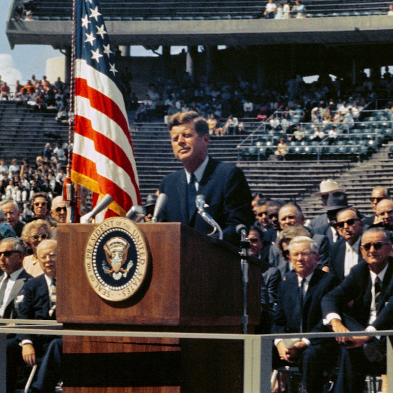 President Kennedy makes his 'We choose to go to the Moon' speech, Rice University, 1962. US Presiden...