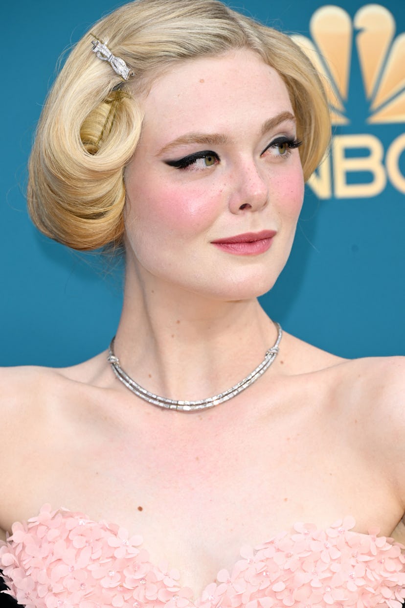 Elle Fanning wears graphic winged eyeliner to the 74th Emmy Awards in 2022.