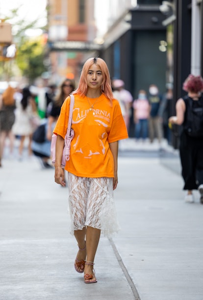 Michelle Li orange outfit street style