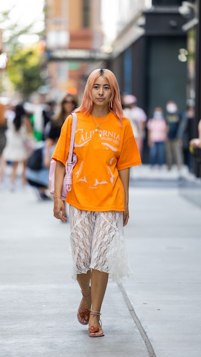 Michelle Li orange outfit street style