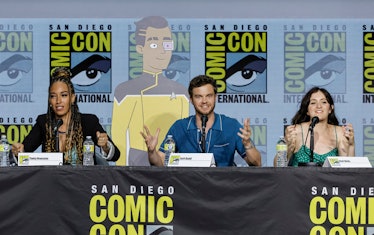 Tawny Newsome, Jack Quaid, and Noël Well onstage for San Diego Comic-Con, 2022.