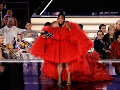 Lizzo's 2022 Emmys look is seen as she speaks onstage during the 74th Primetime Emmys at Microsoft T...