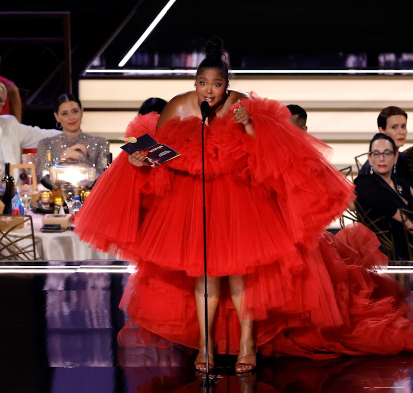 Lizzo's 2022 Emmys look is seen as she speaks onstage during the 74th Primetime Emmys at Microsoft T...