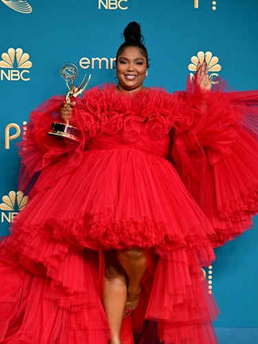 US singer-songwriter Lizzo poses with the Emmy 