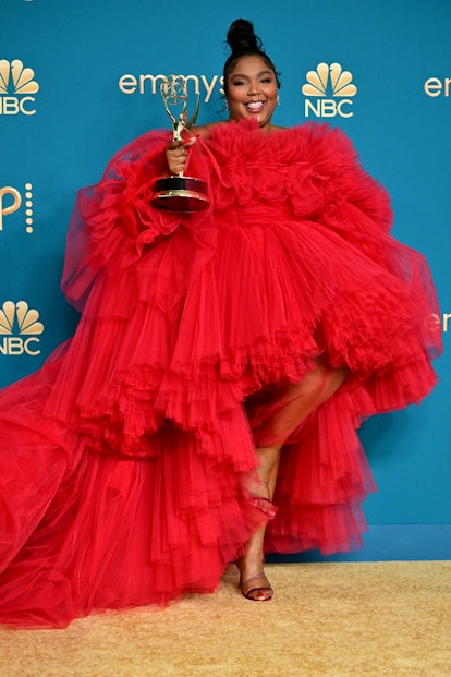 US singer-songwriter Lizzo poses with the Emmy for Outstanding Competition Program for "Lizzo's Watc...