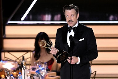 US actor Jason Sudeikis accepts the award for Outstanding Lead Actor In A Comedy Series for "Ted Las...