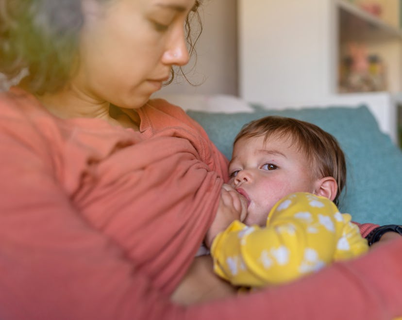 Tight shot of a woman of Pacific Islander descent nursing her relaxed and happy Eurasian toddler dau...