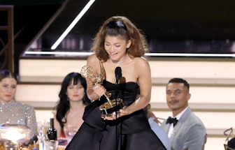 LOS ANGELES, CALIFORNIA - SEPTEMBER 12: Zendaya accepts the Lead Actress in a Drama Series Award for...