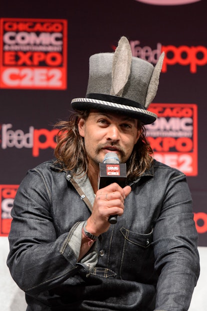 Jason Momoa's hair evolution includes Jason Momoa wearing funny hats as seen when he attended C2E2 C...
