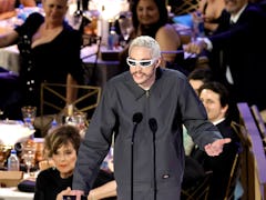Pete Davidson dressed as Kanye West as he speaks onstage during the 74th Primetime Emmys at Microsof...