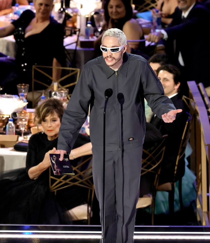 Pete Davidson dressed as Kanye West as he speaks onstage during the 74th Primetime Emmys at Microsof...