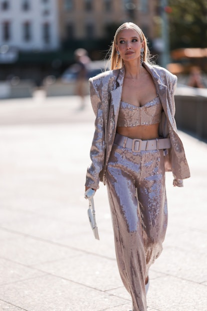  Leonie Hanne in a sparkly suit at New York Fashion Week.