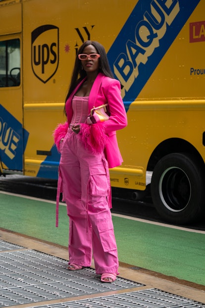 Jenn Ibe in an all-pink outfit at New York Fashion Week.