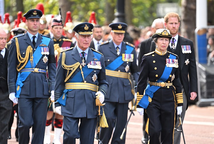 Prince William, Prince of Wales, King Charles III, Prince Richard, Princess Anne, and Prince Harry w...
