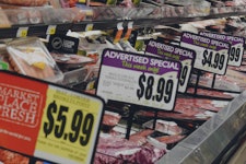 Groceries on sale at a grocery store, mostly meats