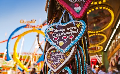 Traditional Gingerbread hearts at the Oktoberfest in Munich, Germany, which is one of the most popul...