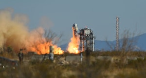 A Blue Origin New Shepard rocket launches from Launch Site One in West Texas, north of Van Horn, on ...