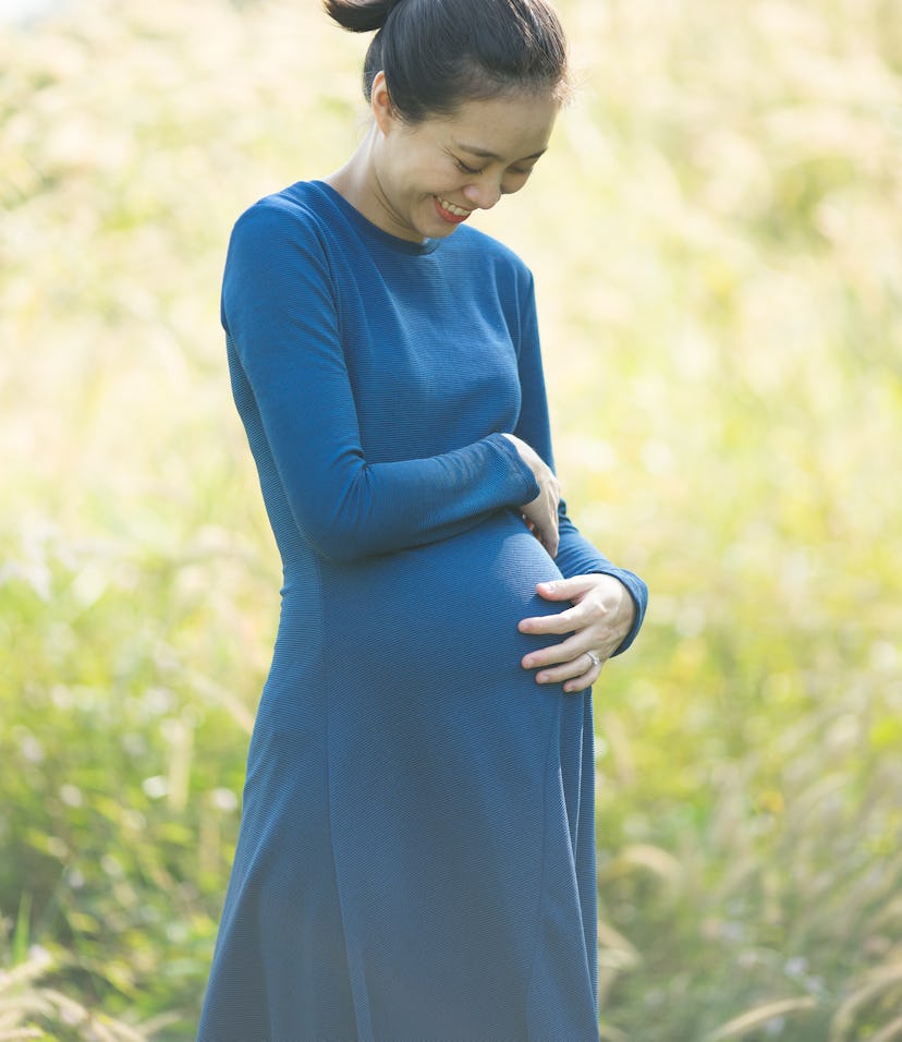 A pregnant woman with dark hair wearing a blue dress, smiling and cradling her belly, in an article ...
