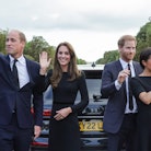 Kate Middleton, Prince William, Prince Harry, and Meghan Markle on the long Walk at Windsor Castle o...