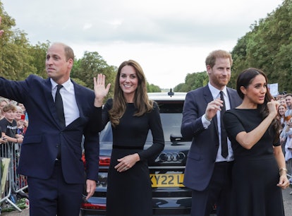 Kate Middleton, Prince William, Prince Harry, and Meghan Markle on the long Walk at Windsor Castle o...