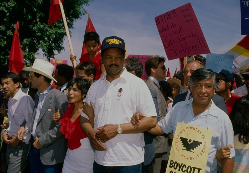 McFARLAND, CALIFORNIA - JUNE 04 : United Farm Workers President Cesar Chavez (center right) is joine...