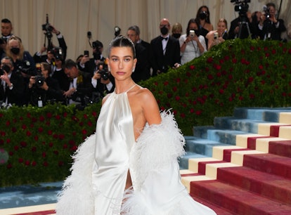 Hailey Baldwin Bieber with big eyebrows attends The 2022 Met Gala on May 2, 2022.