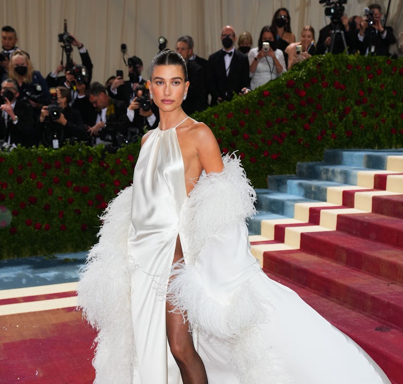 Hailey Baldwin Bieber with big eyebrows attends The 2022 Met Gala on May 2, 2022.