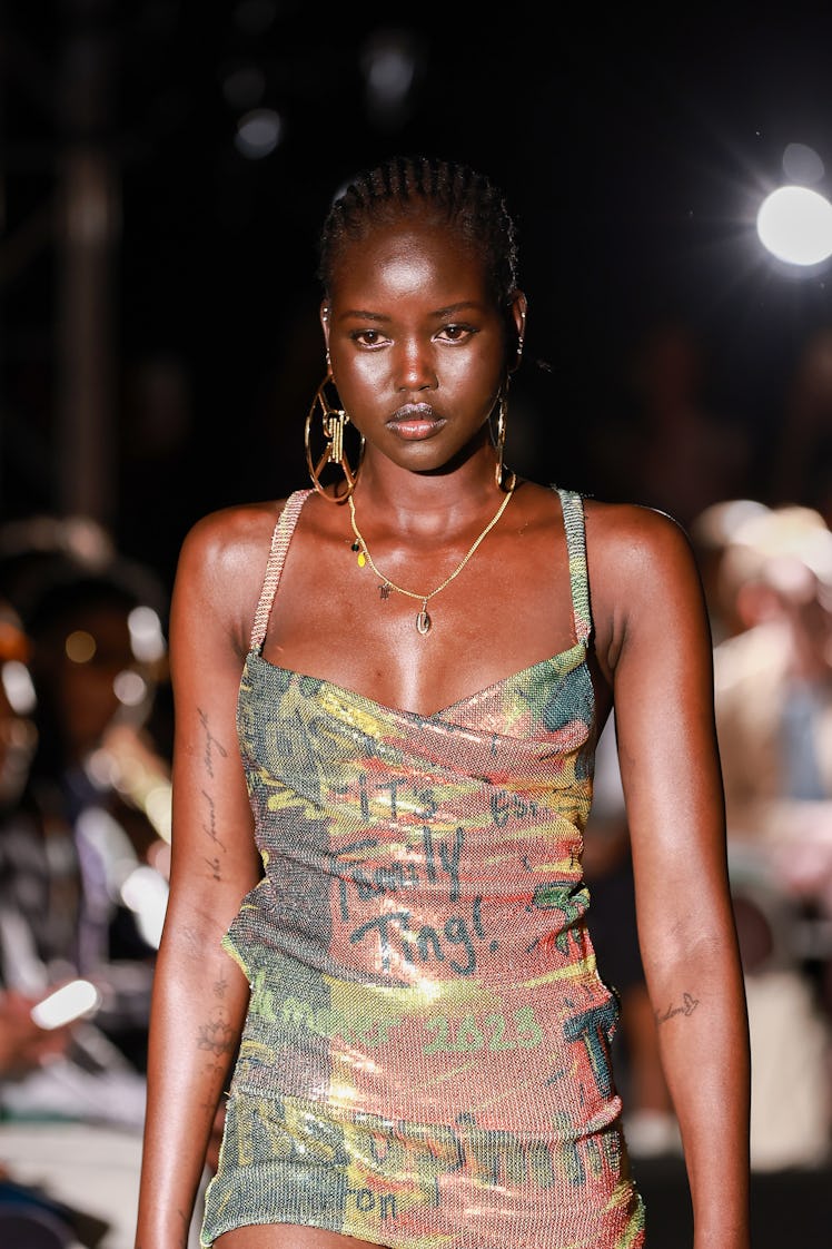 NEW YORK, NEW YORK - SEPTEMBER 14: A model walks the runway at the Theophilio fashion show during Se...