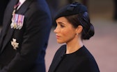LONDON, ENGLAND - SEPTEMBER 14:   Meghan, Duchess of Sussex looks on as the coffin of Queen Elizabet...