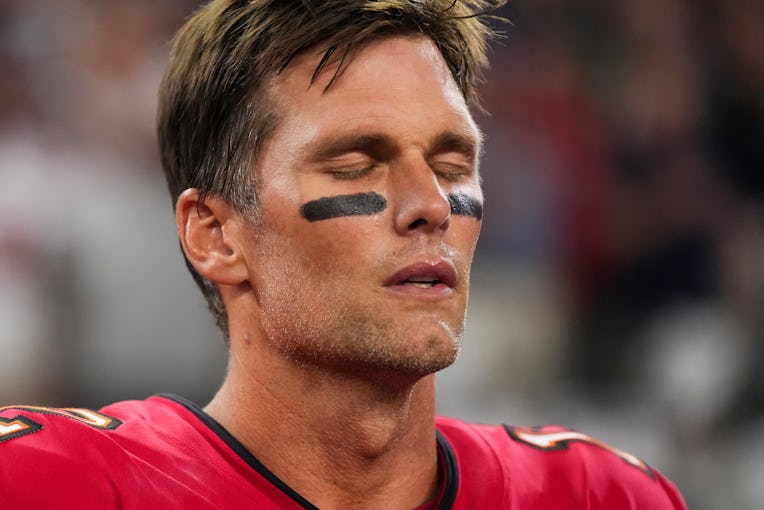 ARLINGTON, TX - SEPTEMBER 11: Tom Brady #12 of the Tampa Bay Buccaneers looks on during the national...