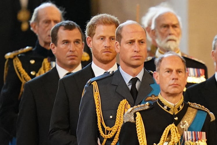 Peter Phillips, Prince Harry, Prince William, and Prince Edward seen here accompanying the Queen's c...