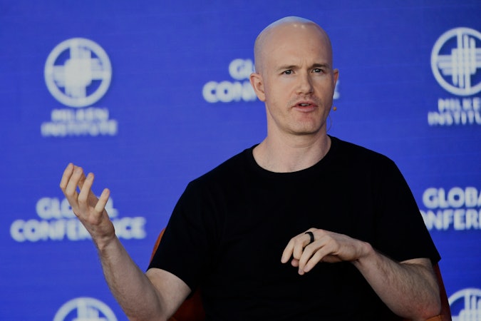 Brian Armstrong, CEO and Co-Founder, Coinbase, speaks during the Milken Institute Global Conference ...