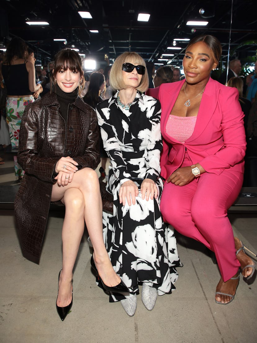 NEW YORK, NEW YORK - SEPTEMBER 14: (L-R) Anne Hathaway, Anna Wintour, and Serena Williams attend the...