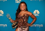 LOS ANGELES, CA - September 12, 2022 - Quinta Brunson wins an Emmy in the category for writing in a ...