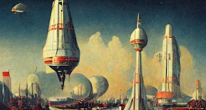 Artist concept of an atompunk, retro-futuristic spaceport that looks like it could be on some distan...