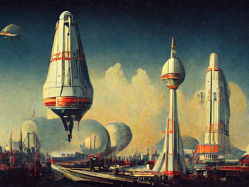 Artist concept of an atompunk, retro-futuristic spaceport that looks like it could be on some distan...