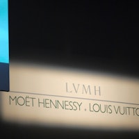 LVMH logo is pictured before French luxury goods group LVMH CEO Bernard Arnault announces the LVMH 2...