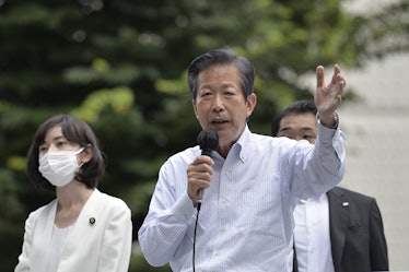 TOKYO, JAPAN - JUNE 27: Komeito representative Natsuo Yamaguchi, ruling coalition party, delivers a ...