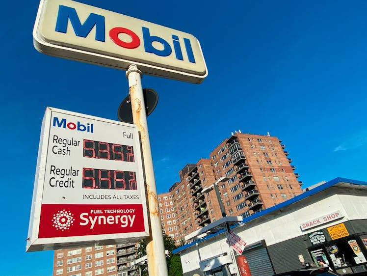 Mobil gas station sign showing high gas prices, near Grand Central Parkway, Flushing, Queens, New Yo...