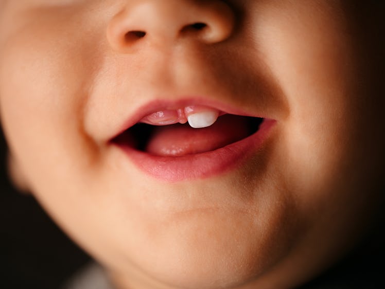 Baby teeth in a baby smiling close-up.