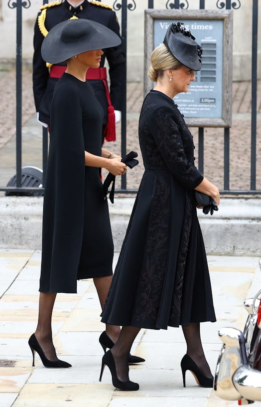 Countess of Wessex and Meghan Markle, Duchess of Sussex arrive outside Westminster for the funeral o...