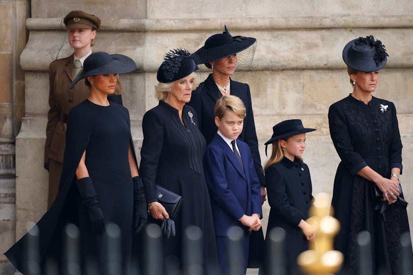 Meghan Markle, Queen Consort Camilla, Prince George, Princess Charlotte, Princess Kate, and Sophie, ...