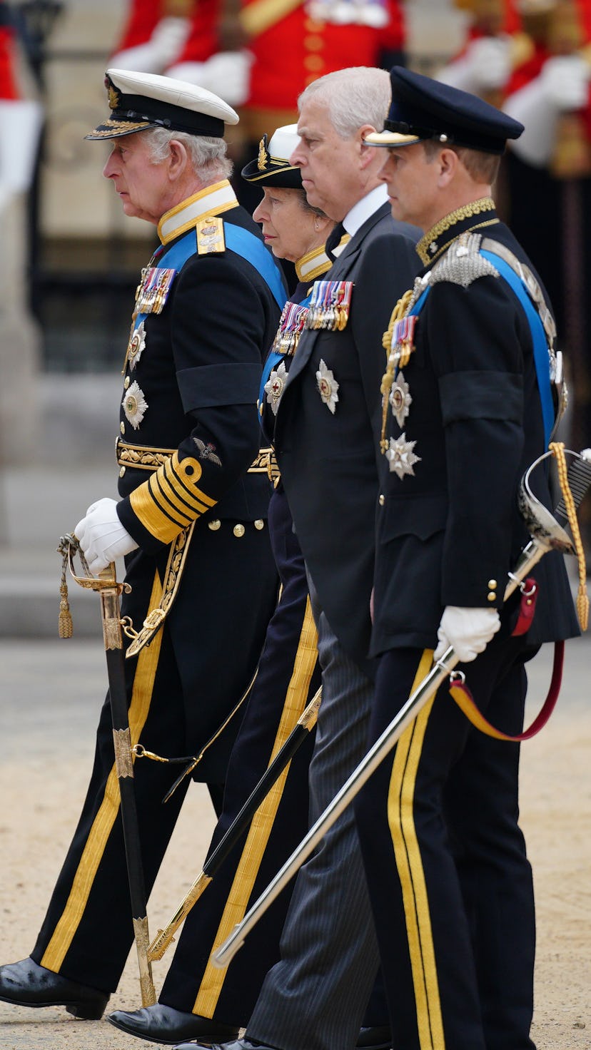 King Charles III, the Princess Royal, the Duke of York and the Earl of Wessex at the funeral of Quee...