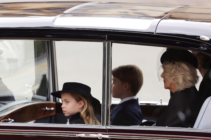 LONDON, ENGLAND - SEPTEMBER 19: Princess Charlotte of Wales, Prince George of Wales, Camilla, Queen ...