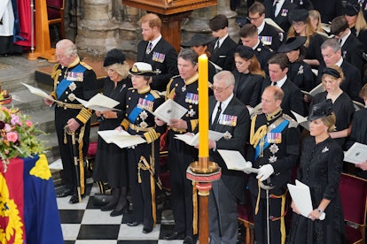 LONDON, ENGLAND - SEPTEMBER 19: (front row) King Charles III, Camilla, Queen Consort, the Princess R...