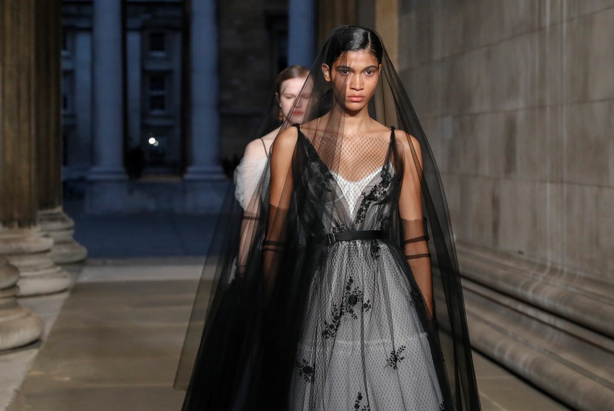 Models walk the runway at the finale of the Erdem show during London Fashion Week September 2022 on ...
