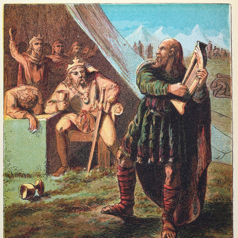 Vintage illustration, Legend of King Alfred the Great disguised a a harper spying on Danish camp