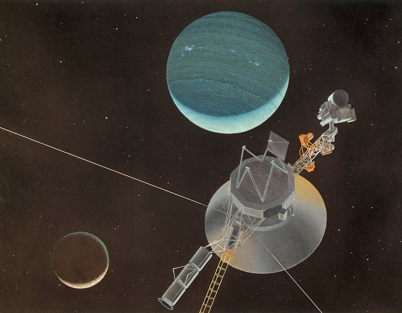 Painting of Voyager 2 spacecraft as it looks back upon Neptune and its moon Triton. (Photo by © CORB...